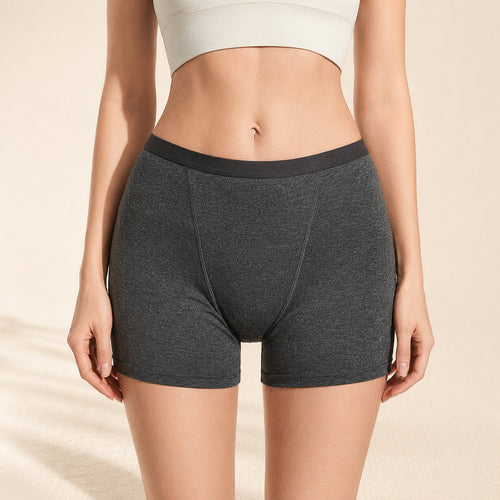 La Culotte Alizé portée, coupe boxer taille basse, coton gris chiné